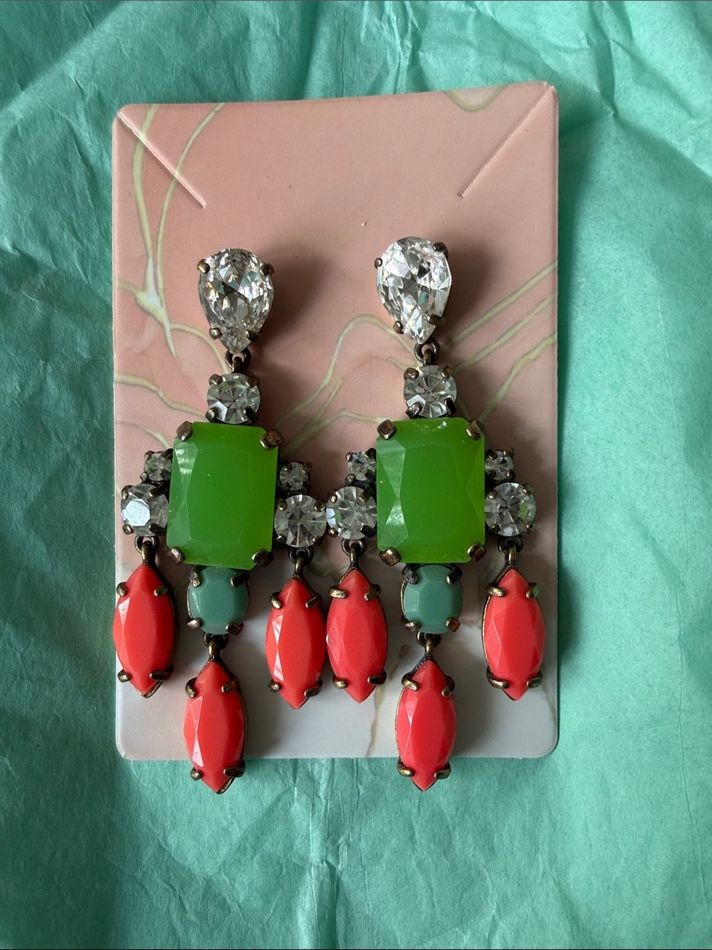 J. Crew Vibrant Green & Coral Drop Crystal Earrings